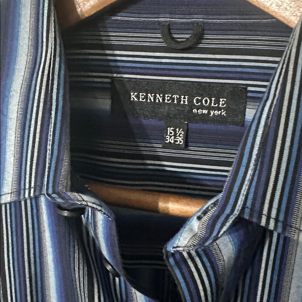 Kenneth Cole Men Navy Blue Black Striped Button Down Luxury Shirt Size 34-35 / M - Picture 2 of 8